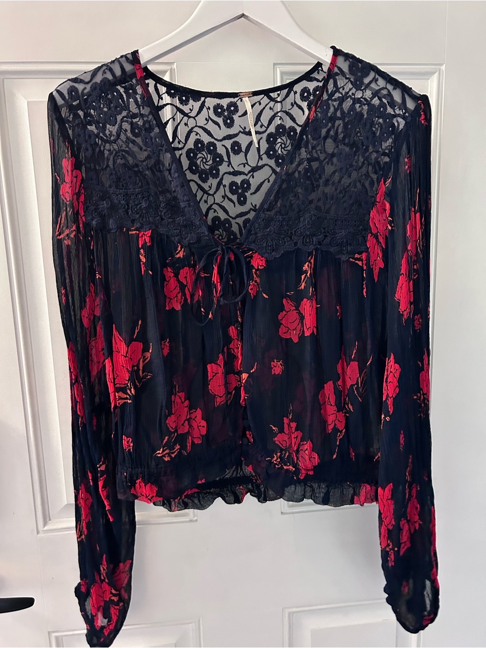 Free People Black Sheer Blouse with Red Floral Print and Lace Yoke